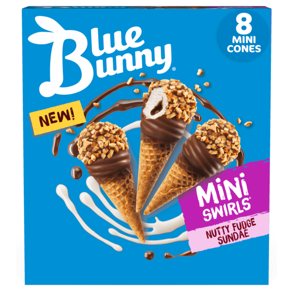 Frozen Dessert Blue Bunny Mini Swirls Nutty Fudge Sundae Cones hero