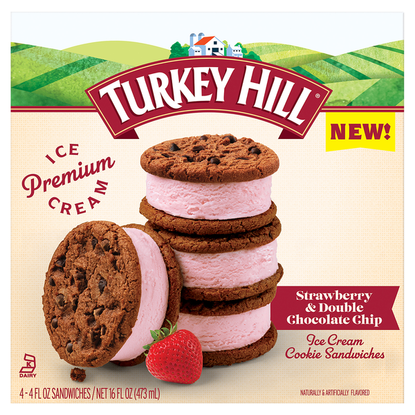 Ice Cream & Ice Turkey Hill Ice Cream Cookie Sandwiches, Strawberry & Double Chocolate Chip hero