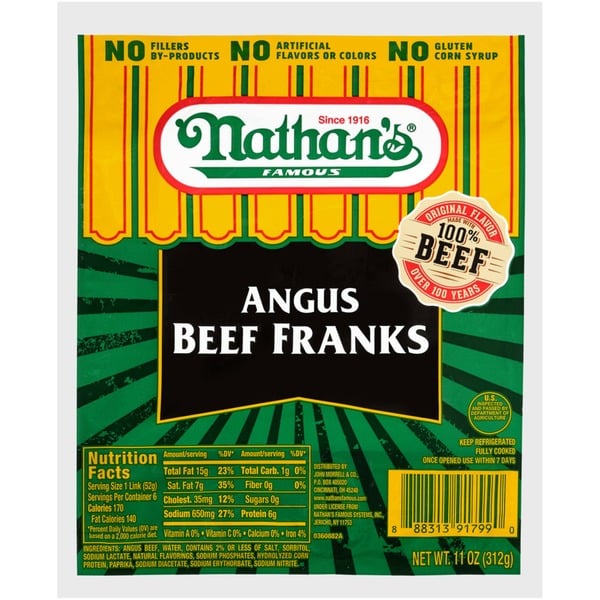 Hot Dogs, Bacon & Sausage Nathan’s Famous Famous Angus Beef Franks hero