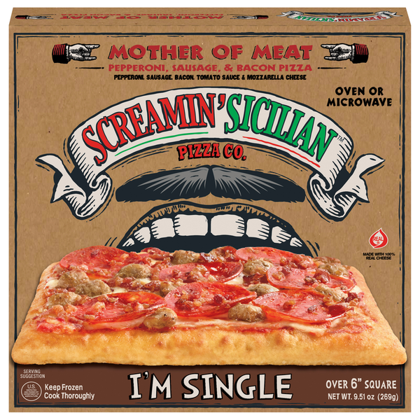 Frozen Pizza Screamin' Sicilian Pizza, Pepperoni, Sausage & Bacon, Box hero