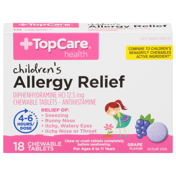 Cold, Flu & Allergy TopCare Allergy Relief, Children's, 12.5 mg, Chewable Tablets, Grape Flavor hero