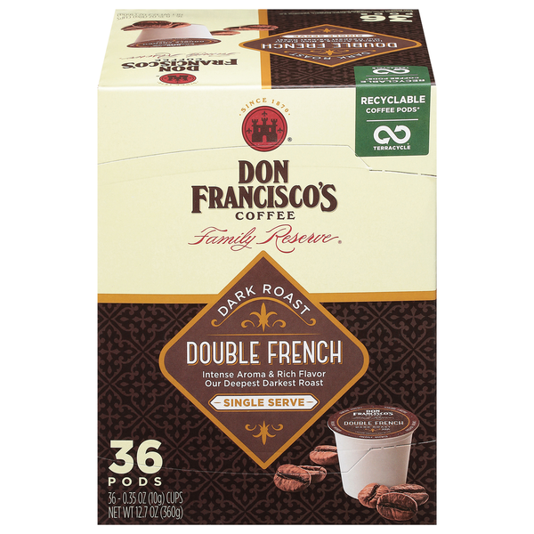 Coffee Don Francisco's Coffee, Dark Roast, Double French, Single Serve Pods hero