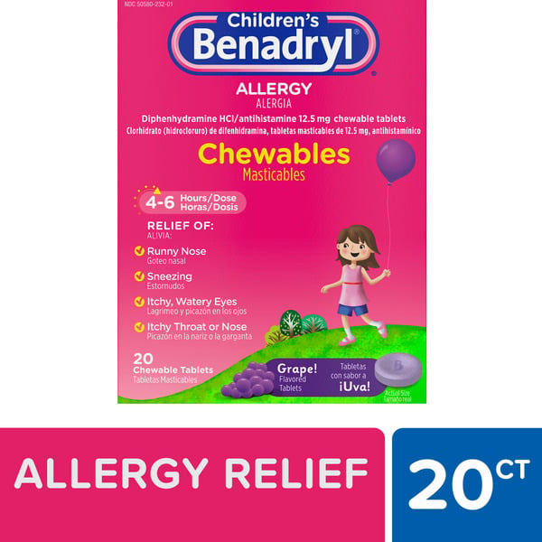 Cold, Flu & Allergy Benadryl Children's Allergy Relief Chewable Tablets, Grape hero