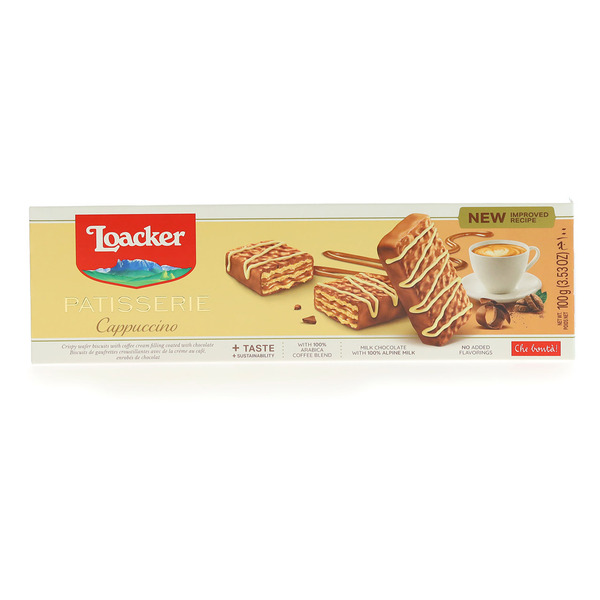 Cookies & Cakes Loacker Patisserie Cappuccino, Chocolate Covered Premium Wafer Fingers hero