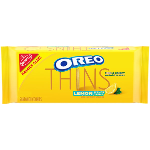 Cookies & Cakes Oreo Thins Lemon Creme Sandwich Cookies, Family Size hero