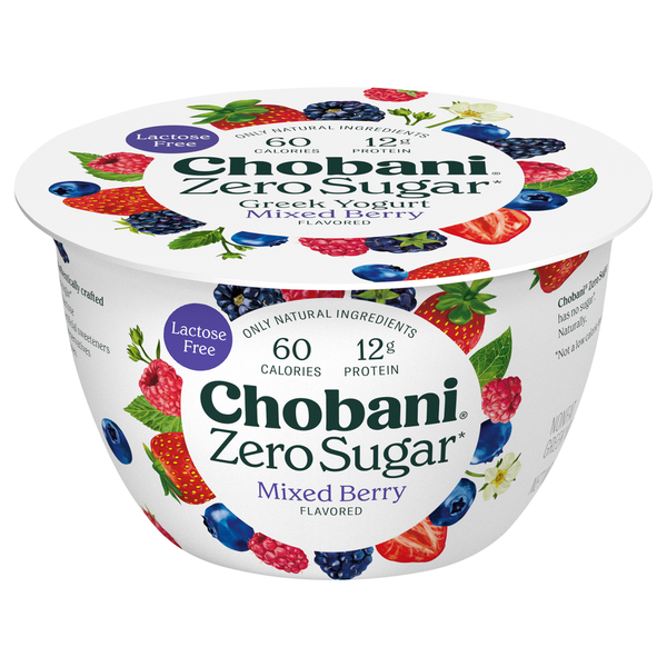 Yogurt Chobani Yogurt, Greek, Nonfat, Zero Sugar, Mixed Berry Flavored hero