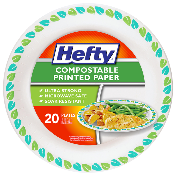 Kitchen Supplies Hefty Plates, Compostable, Printed Paper, 10 Inches hero