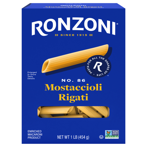 Dry Pasta Ronzoni Mostaccioli Rigati, 16 oz, Non-GMO Pasta for Thin Sauces hero