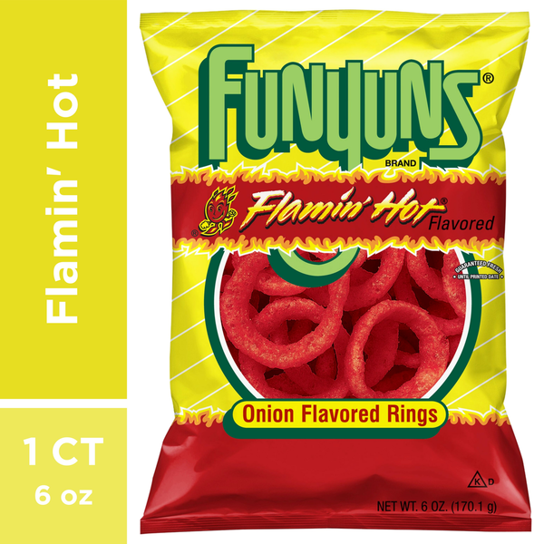 Chips & Pretzels Funyuns Onion Flavored Rings, Flamin' Hot Flavored hero