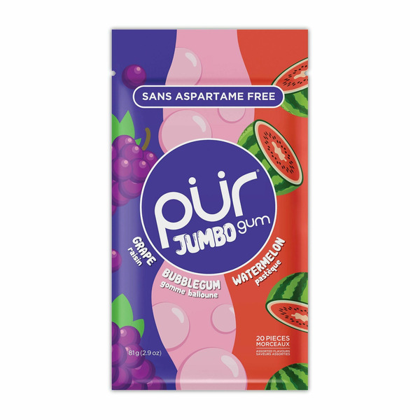 PUR Jumbo Gum Natural Bubblegum, Grape, Watermelon Flavored Gum, 100% Xylitol hero