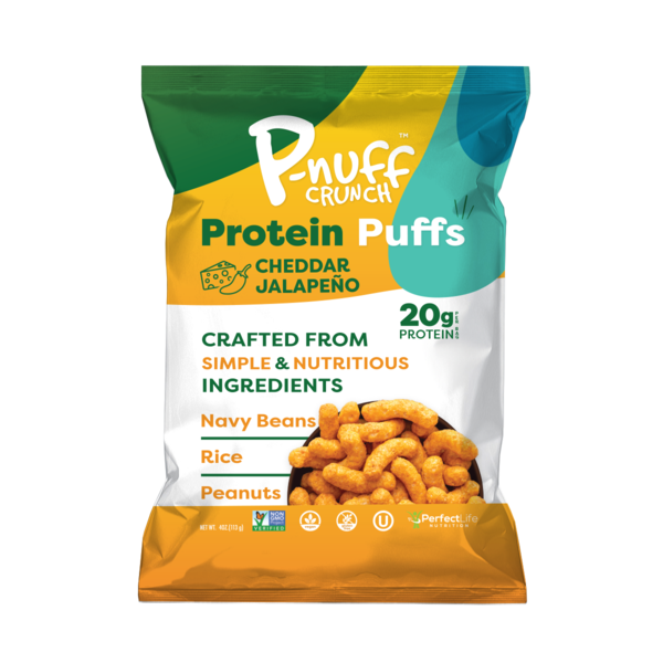 P-nuff Crunch Cheddar Jalapeño, Protein Baked Peanut Puffs hero