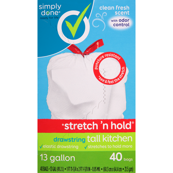 Simply Done Tall Kitchen Bags, Drawstring, Clean Fresh Scent, 13 Gallon hero