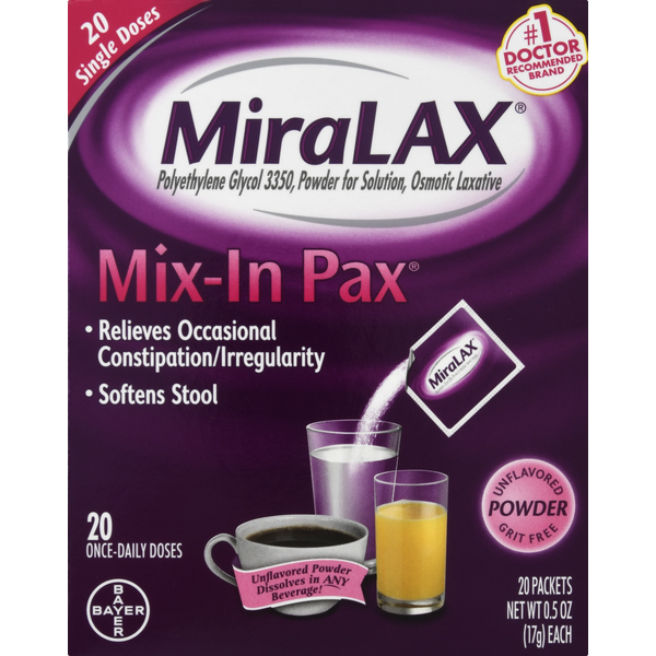 Digestion MiraLAX Mix-In Pax Single Dose Packets Unflavored/Grit Free Laxative Powder hero