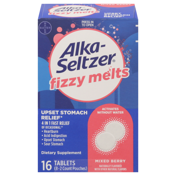 Digestion Alka-Seltzer Upset Stomach Relief, 4 in 1, Fizzy Melts, Tablets, Mixed Berry hero