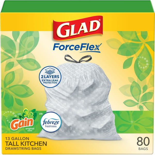 Kitchen Supplies Glad ForceFlex Kitchen Drawstring Trash Bags, Gain Original with Febreze, 13 gallon hero