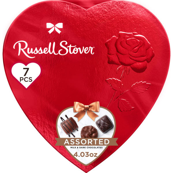 Russell Stover Valentine's Day Red Foil Heart Assorted Milk & Dark Chocolate Candy Gift Box, 4.03 oz. (7 pieces) hero