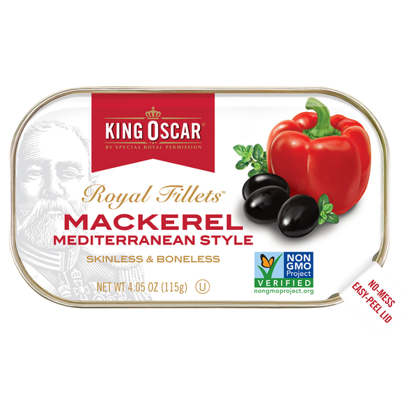 Canned Meat, Seafood & Beans King Oscar Mackerel, Mediterranean Style, Skinless & Boneless hero