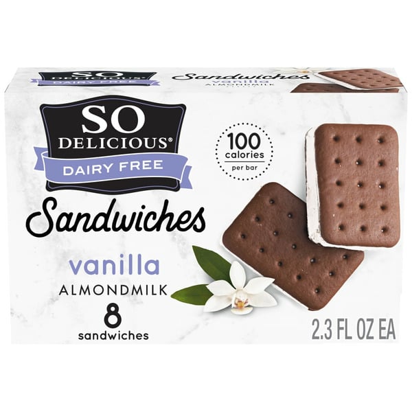 So Delicious Dairy Free Vanilla Almond Milk Frozen Dessert Sandwich hero