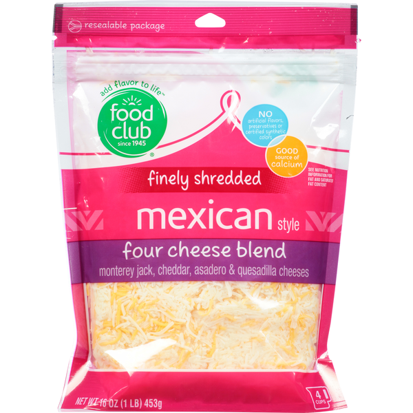 Packaged Cheese Food Club Finely Shredded Cheese, Four Cheese Blend, Mexican Style hero