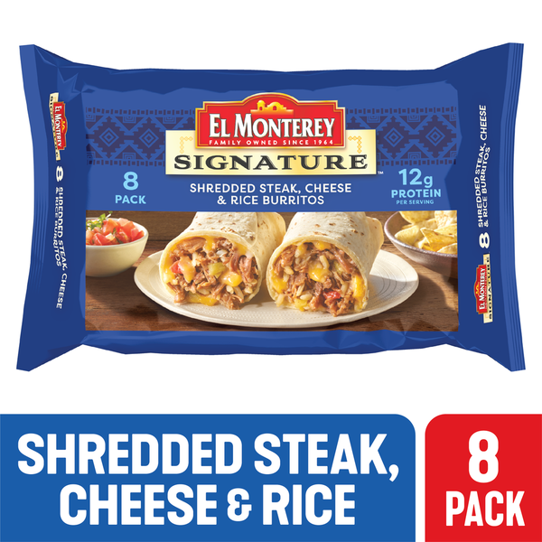 Frozen Meals El Monterey Burritos, Shredded Steak, Cheese & Rice hero