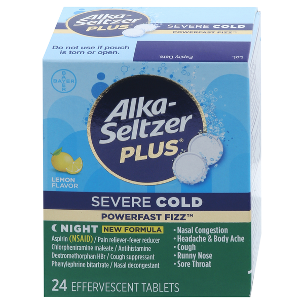 Cold, Flu & Allergy Alka-Seltzer Plus Severe Cold, Night, Lemon Flavor, Effervescent Tablets hero