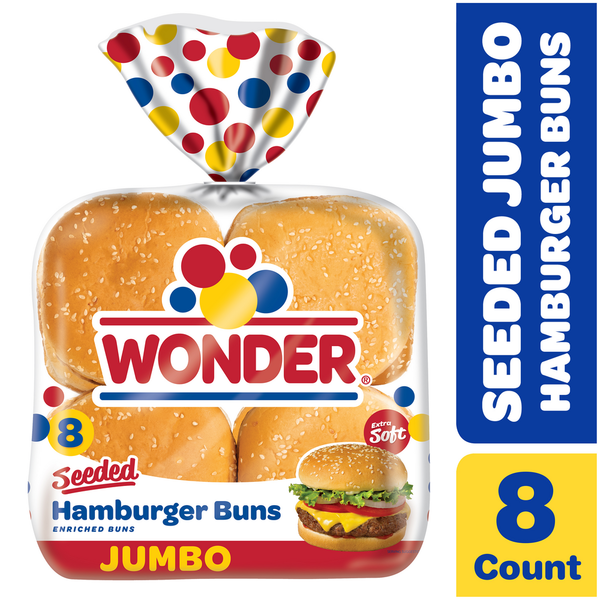 Buns & Rolls Wonder Bread Hamburger Buns, Seeded, Extra Soft, Jumbo hero