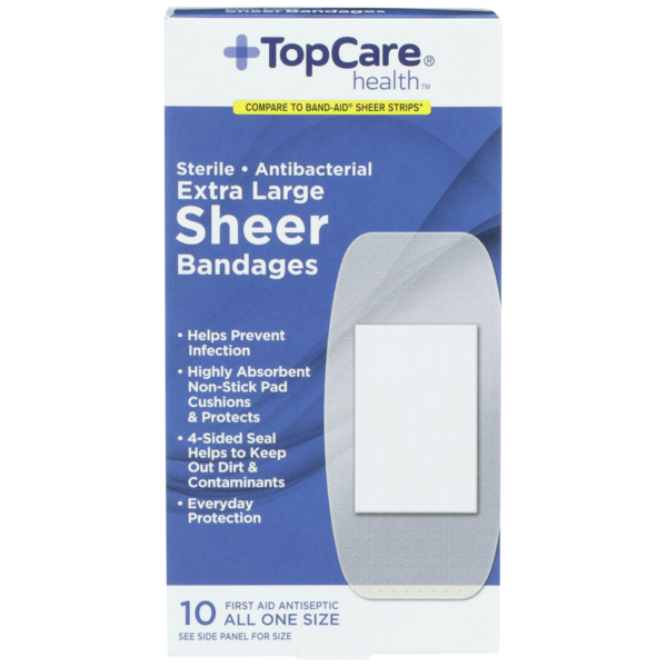 First Aid TopCare Antibacterial First Aid Antiseptic All One Size Extra Large Bandages, Sheer hero