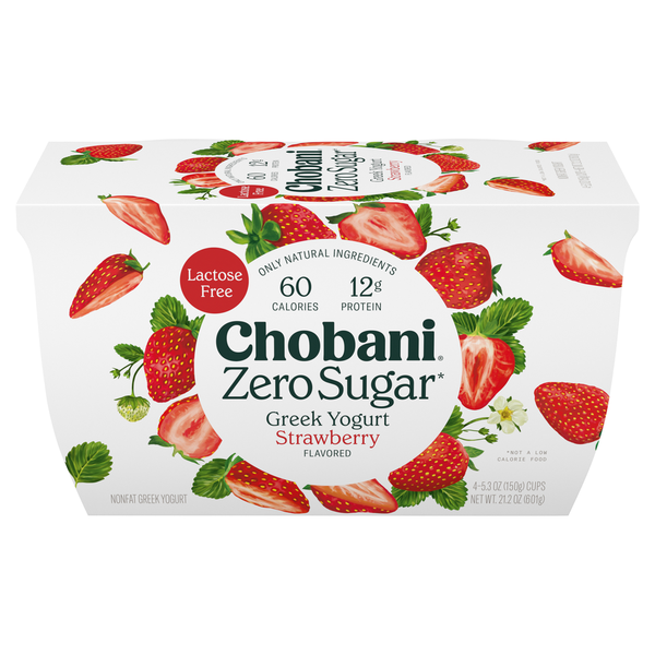 Yogurt Chobani Yogurt, Greek, Nonfat, Zero Sugar, Strawberry Flavored hero