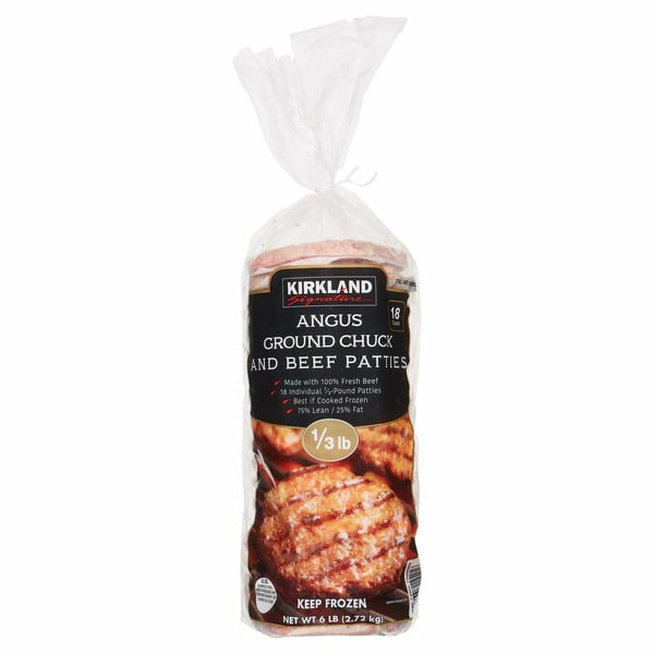 Frozen Meat & Seafood Kirkland Signature Angus Chuck Patties, 18 x .33 lb hero