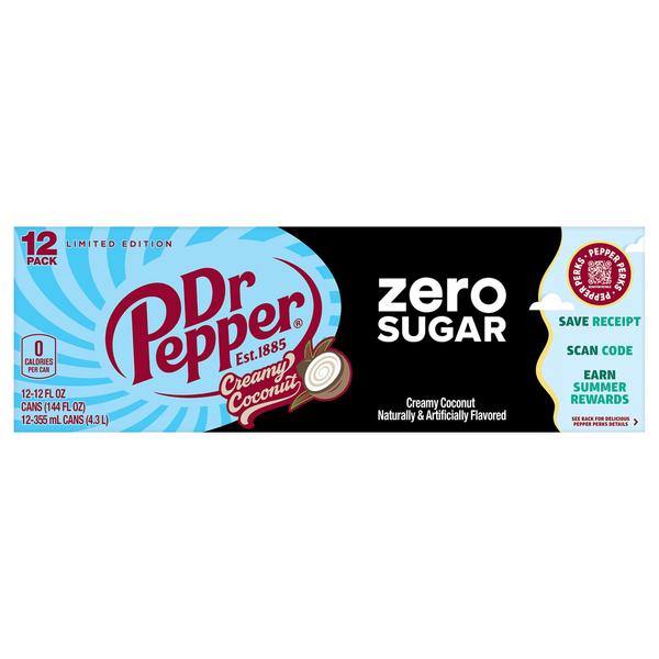 Dr Pepper Soda, Zero Sugar, Creamy Coconut, 12 Pack hero