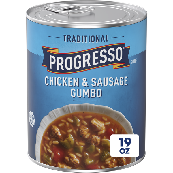 Soup, Broth & Bouillon Progresso Traditional, Chicken & Sausage Gumbo Canned Soup, Gluten Free hero