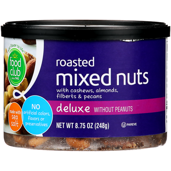 Nuts, Seeds & Dried Fruit Food Club Deluxe Roasted With Cashews, Almonds, Filberts & Pecans Mixed Nuts Without Peanuts hero