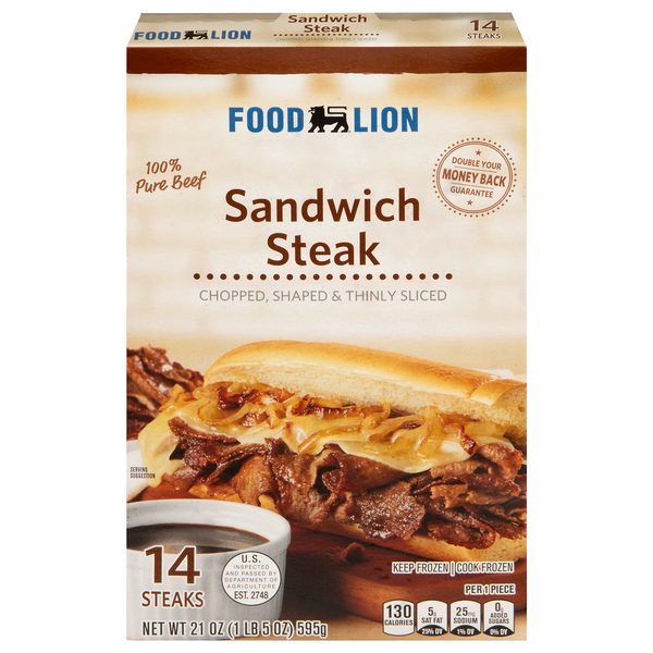 Frozen Meat Food Lion Sandwich Steak, Chopped, Shaped & Thinly Sliced, Box hero