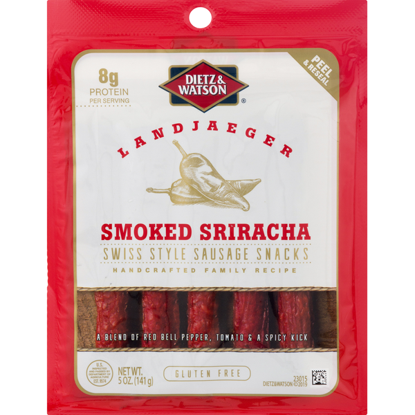 Lunch Meat Dietz & Watson Sausage Snacks, Gluten Free, Smoked Sriracha, Swiss Style, Landjaeger hero