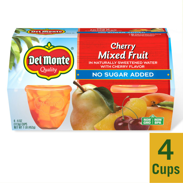 Canned Fruit & Applesauce Del Monte Cherry Mixed Fruit Plastic Fruit Cups with No Sugar Added Plastic Fruit Cup Snacks hero