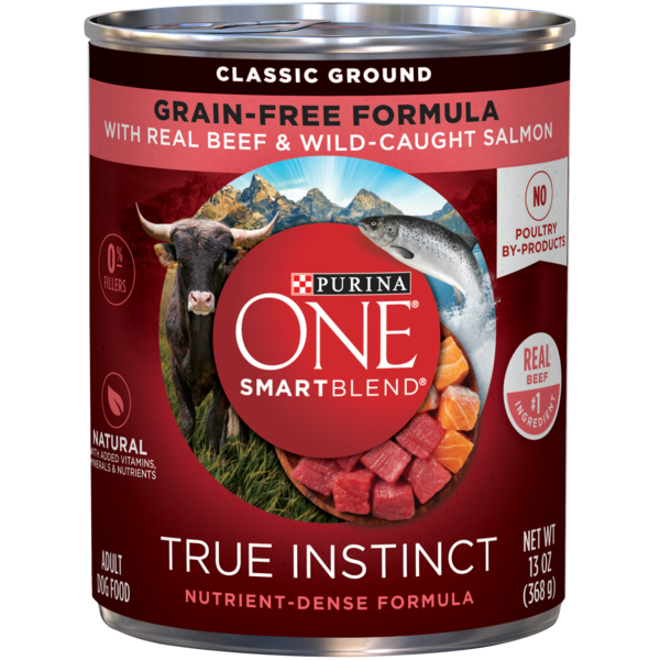 Water, Seltzer, Sparkling Water Purina ONE Grain Free, Natural Pate Wet Dog Food, SmartBlend True Instinct With Beef & Wild Caught Salmon hero