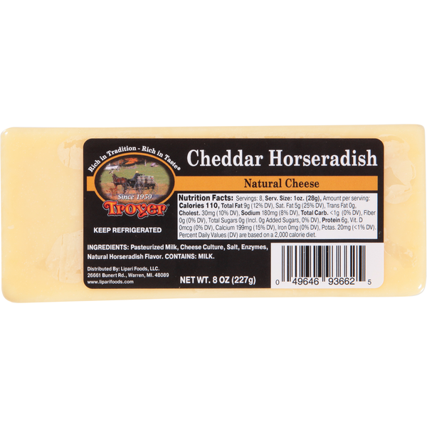 Packaged Cheese Troyer Cheese, Cheddar Horseradish, Natural hero