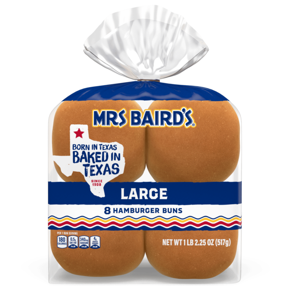 Buns & Rolls Mrs. Baird's 8 count, Large Hamburger Buns hero