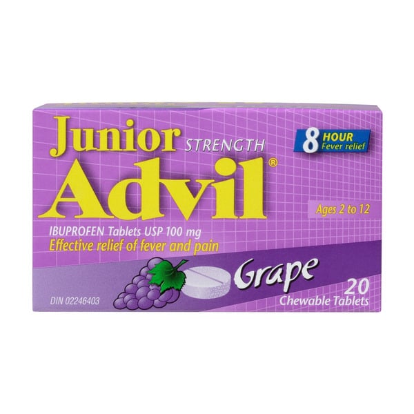 Muscles, Joints & Pain Relief Advil - Children Junior Strength Ibuprofen Tablets Usp 100 Mg Grape 20 Chewable Tablets hero