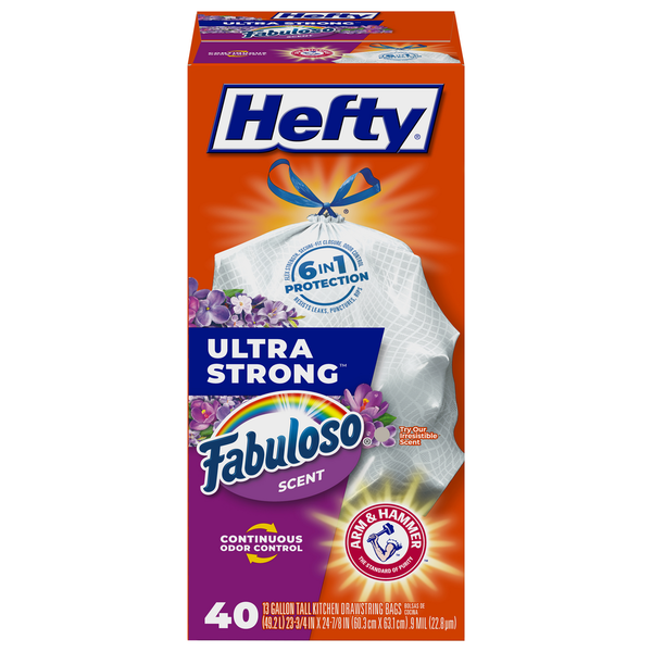 Trash Bags & Liners Hefty Tall Kitchen Bags, Ultra Strong, Drawstring, Fabuloso Scent, 13 Gallon hero