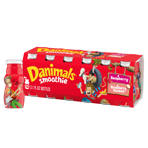 Yogurt Danimals Strawberry Explosion and Rockin' Raspberry Dairy Drink Multi-Pack Smoothie Bottl hero