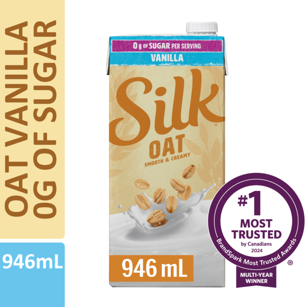 Soy & Lactose-Free Silk Oat Beverage, Vanilla, Unsweetened, Dairy-Free, Shelf Stable hero