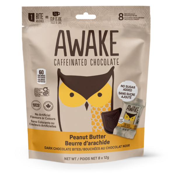 AWAKE Chocolate No Sugar Added, Caffeinated Dark Chocolate Peanut Butter Bites hero