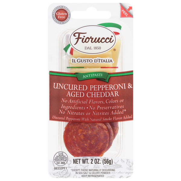 Deli Packaged Specialty Meat Fiorucci Pepperoni & Aged Cheddar, Uncured hero