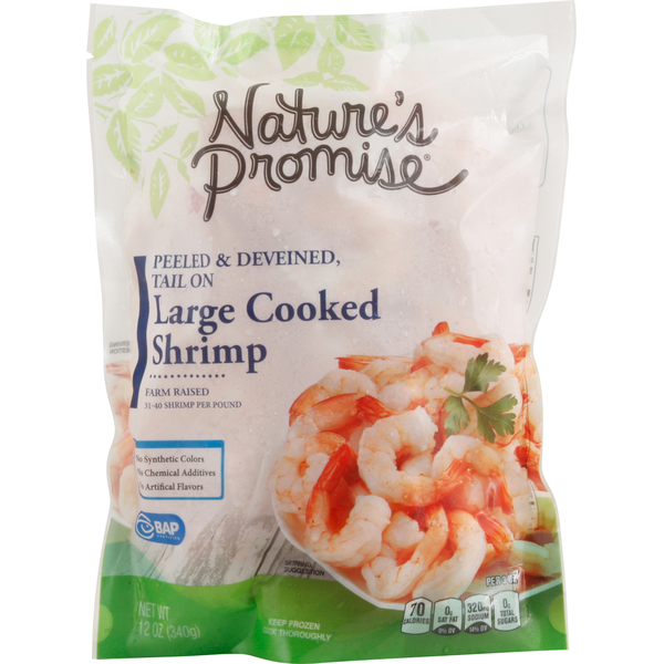 Frozen Shrimp & Shellfish Nature's Promise Peeled & Deveined, Tail On Large Cooked Shrimp hero