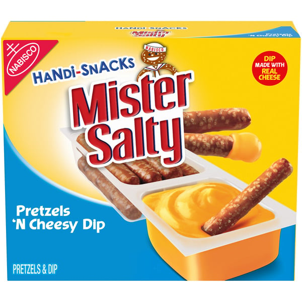 Crackers Handi-Snacks Mister Salty Pretzels 'N Cheesy Dip Snack Packs hero