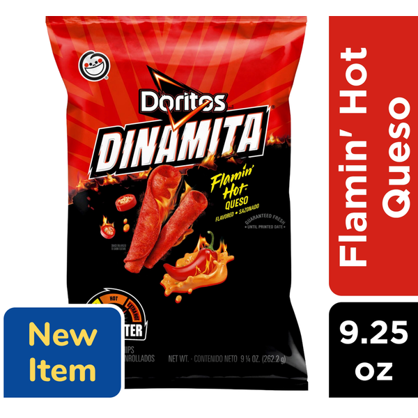 Chips & Pretzels Doritos Tortilla Chips, Flamin' Hot Queso Flavored, Rolled hero