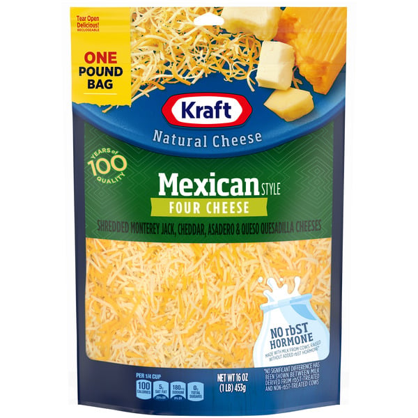 Packaged Cheese Kraft Mexican Style Four Cheese Blend Shredded Cheese, oz Bag hero