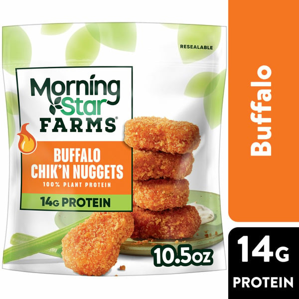 Vegetables, Vegan, & Vegetarian MorningStar Farms Veggitizers Chik'n Nuggets, 100% Plant Based, Frozen Meal Starter, Buffalo hero