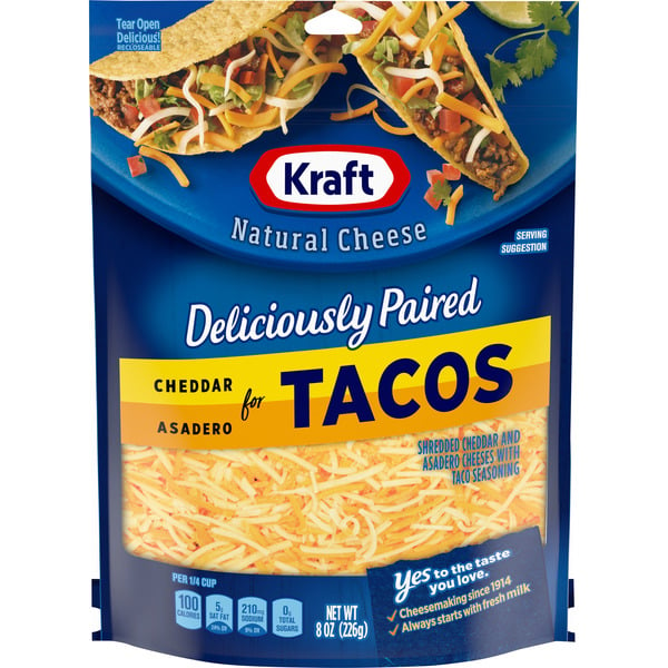 Cheese Kraft Deliciously Paired Cheddar & Asadero Finely Shredded Cheese for Taco's Bag hero